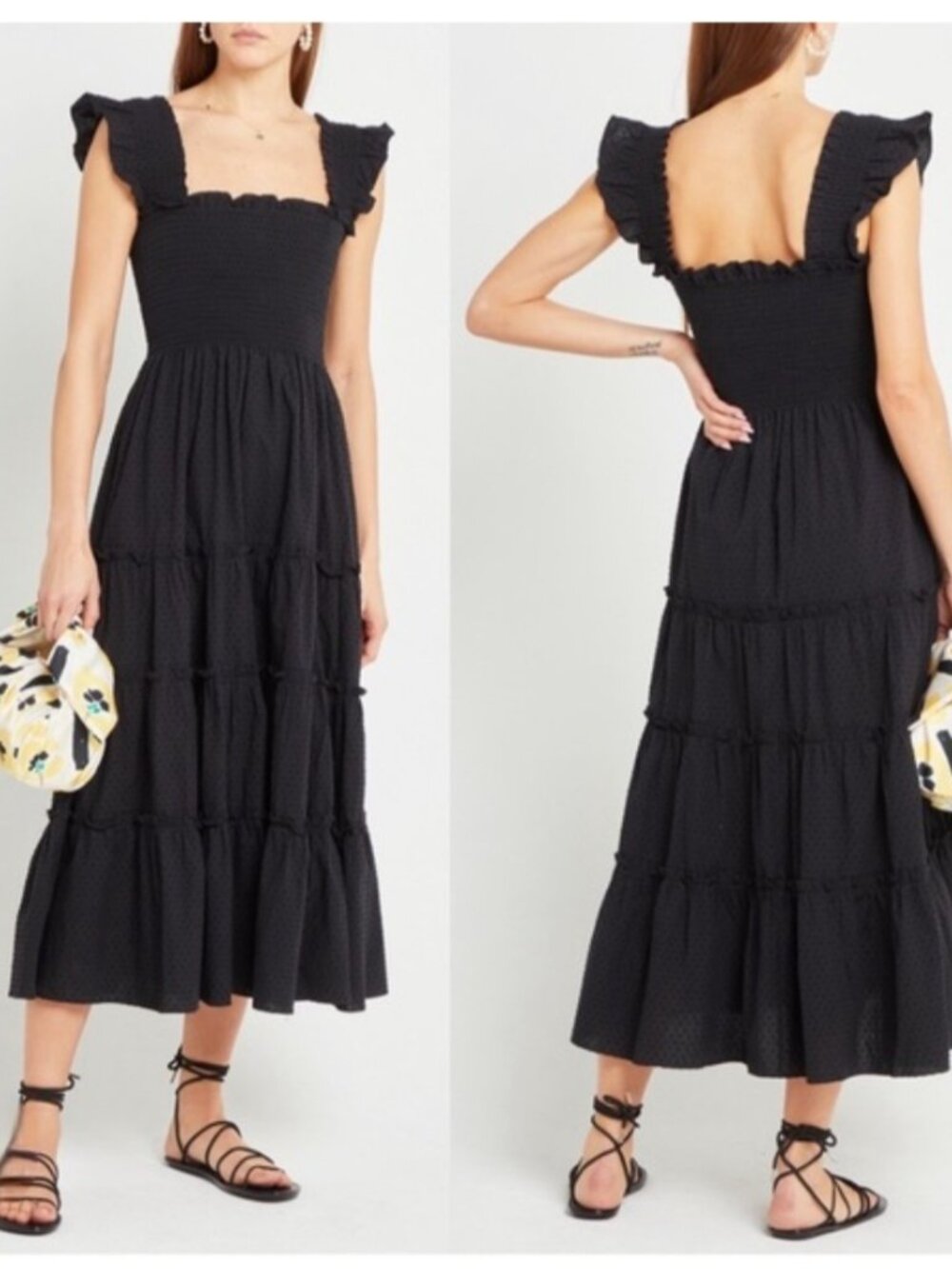Hill House Home Ellie Nap Dress Black Size M Smocked Tiered Midi Ruffle Pockets - Picture 3 of 9